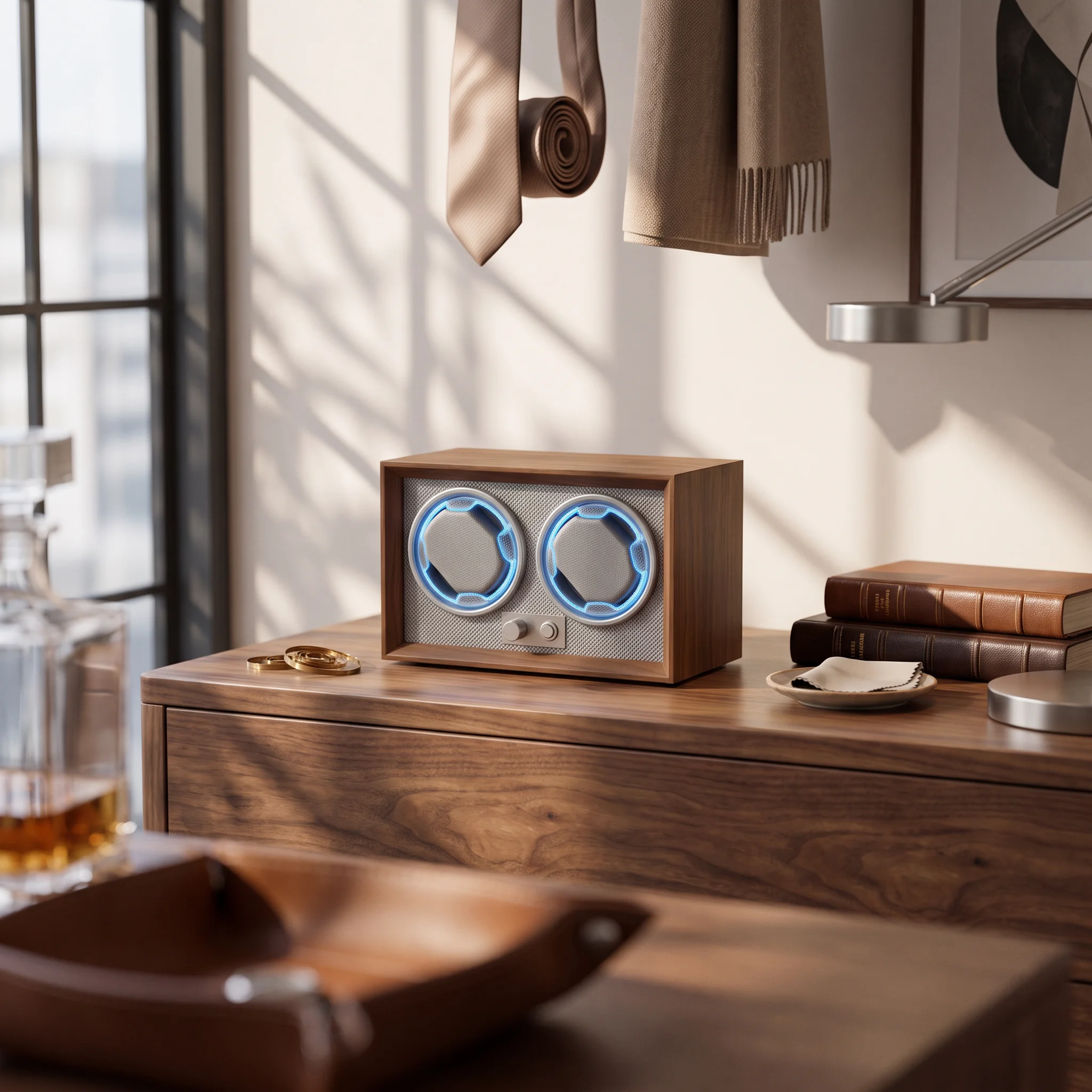 Automatic Watch Winder Wood Grain Two-Watch Watch Winder Appliance Silent Compact for Dresser, Nightstand