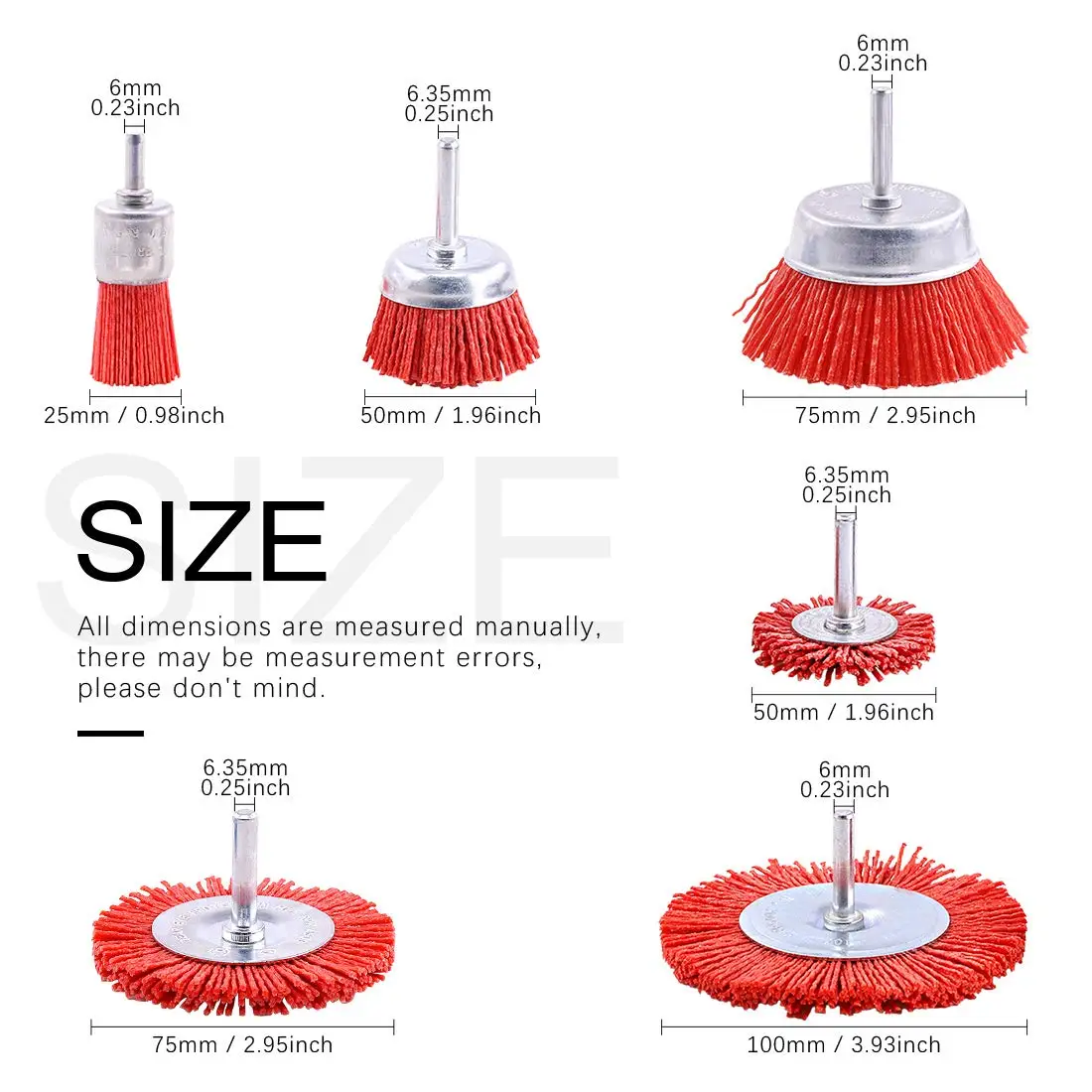 6Pcs Nylon Filament Abrasive Wire Brush Wheel & Cup Brush Set with 1/4 Inch Shank, 6 Sizes Nylon Drill Brush Set Perfect