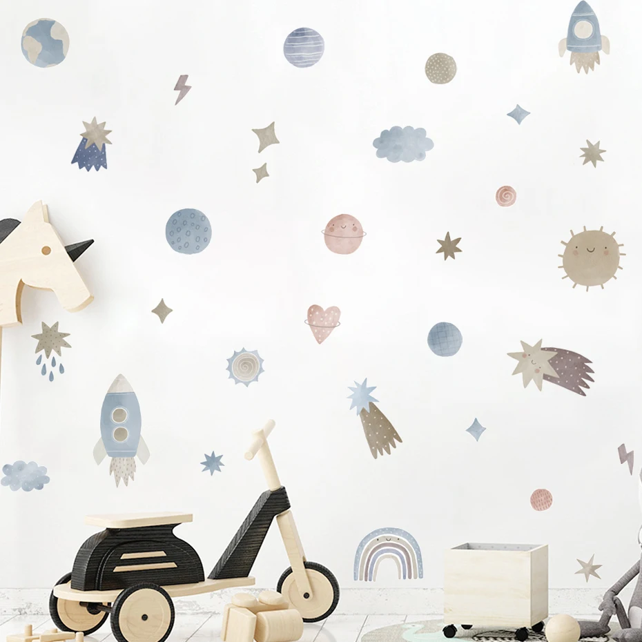 Boho Cartoon Space Adventure Stars Watercolor Kids Wall Sticker Vinyl Nursery Art Decals for Babys Boys Room Playroom Home Decor