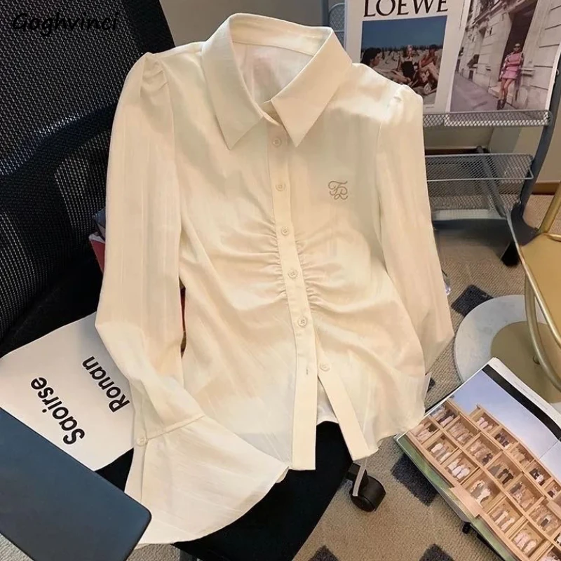 

Flare Sleeve Shirts for Women Chic Folds Spring Autumn Holiday French Style Temper Waist-tight Shirt Sweet New Stylish Female