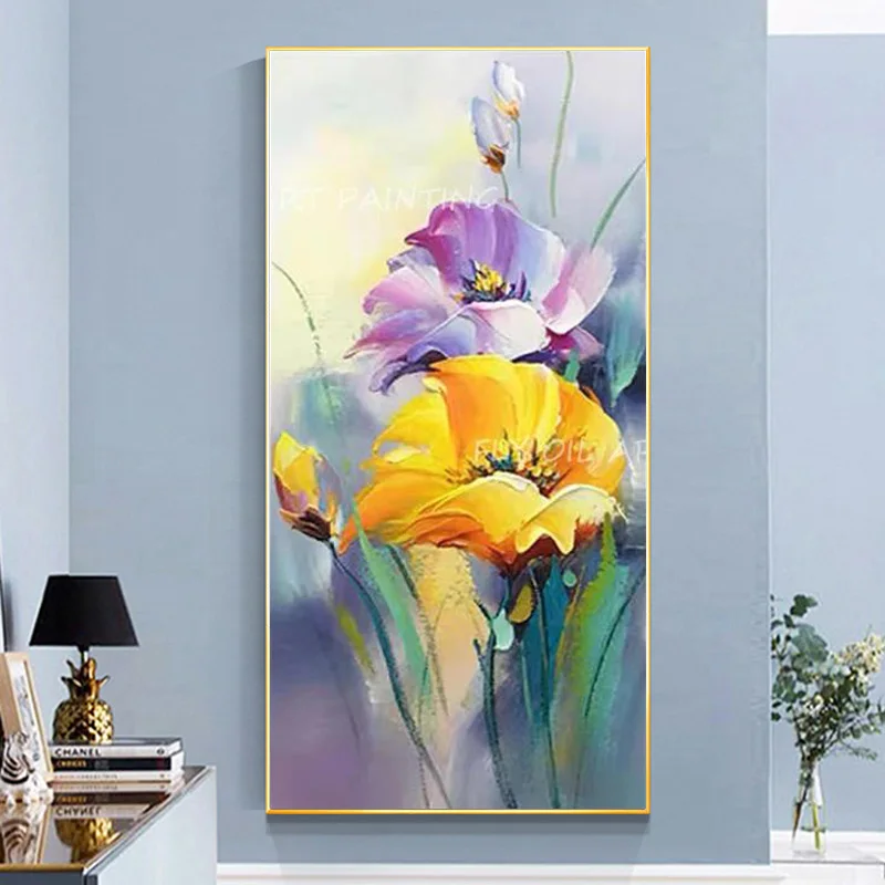 

Big Purple Yellow Flowers Oil Painting Modern Abstract Floral Canvas Art Decor Handmade Flower Landscape Artwork Original Design