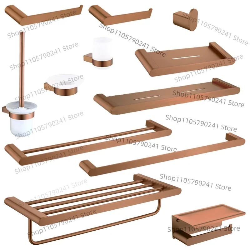 Modern Bathroom Hardware Set in Brushed Champagne Gold, Stainless Steel Towel Bar, Toilet Paper Holder, Robe Hook & Brush Stand