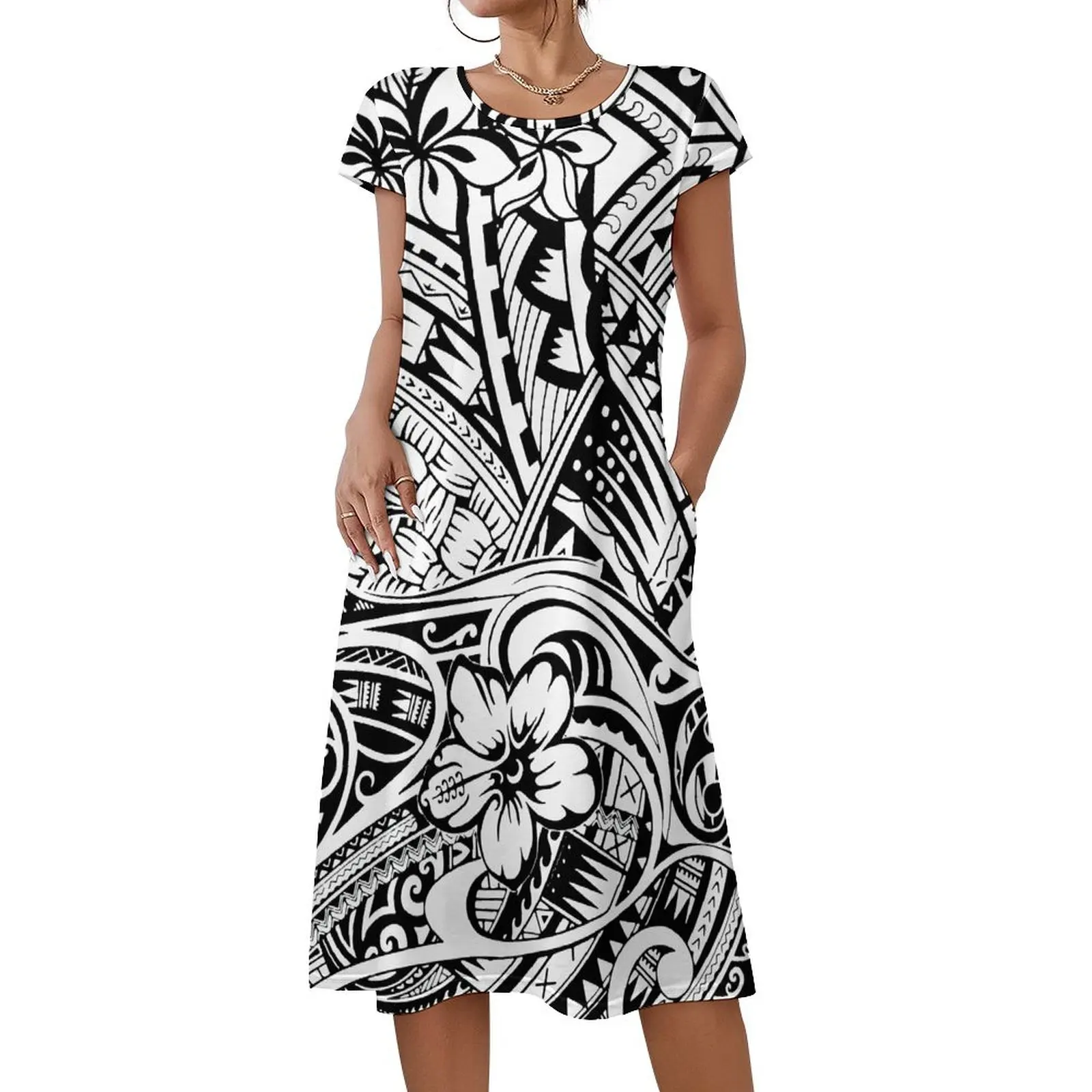 Letnia sukienka damska bez rękawów z krótkim rękawem, luźna, szyta na miarę, z polinezyjskim wzorem tribalnym i kwiatowym.