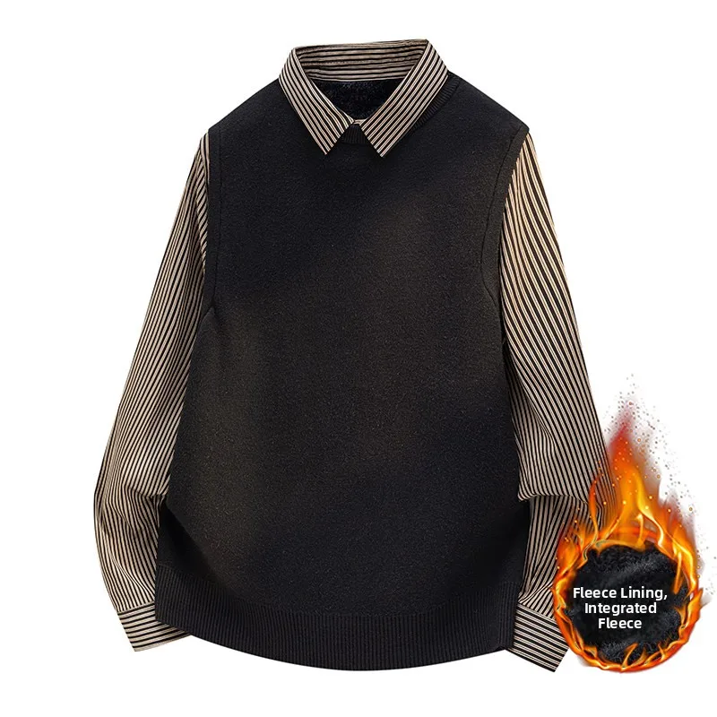 

Men's Fce Lined irt Collar Sweater Base Layer Knitted Vest Striped Autumn Winter Faion Youth Thiened Long Sve Top