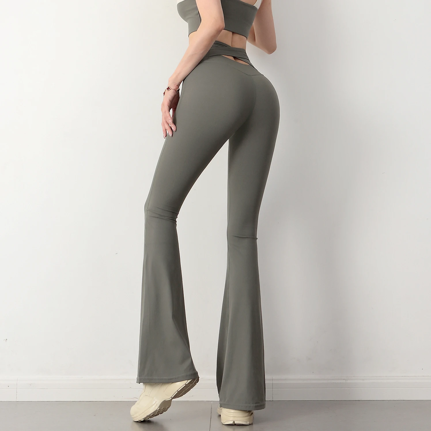 Nude sports trousers, women's high waist, thin and quick-drying horn yoga clothes, buttocks and abdomen fitness pants