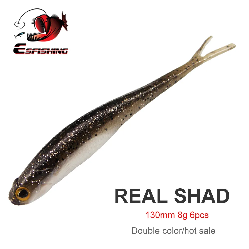 ESFISHING Real Shad 130mm Pesca Artificial Silicone Soft Bait Fork Tail Inject Salts Minnow Jigging Fishing Lures