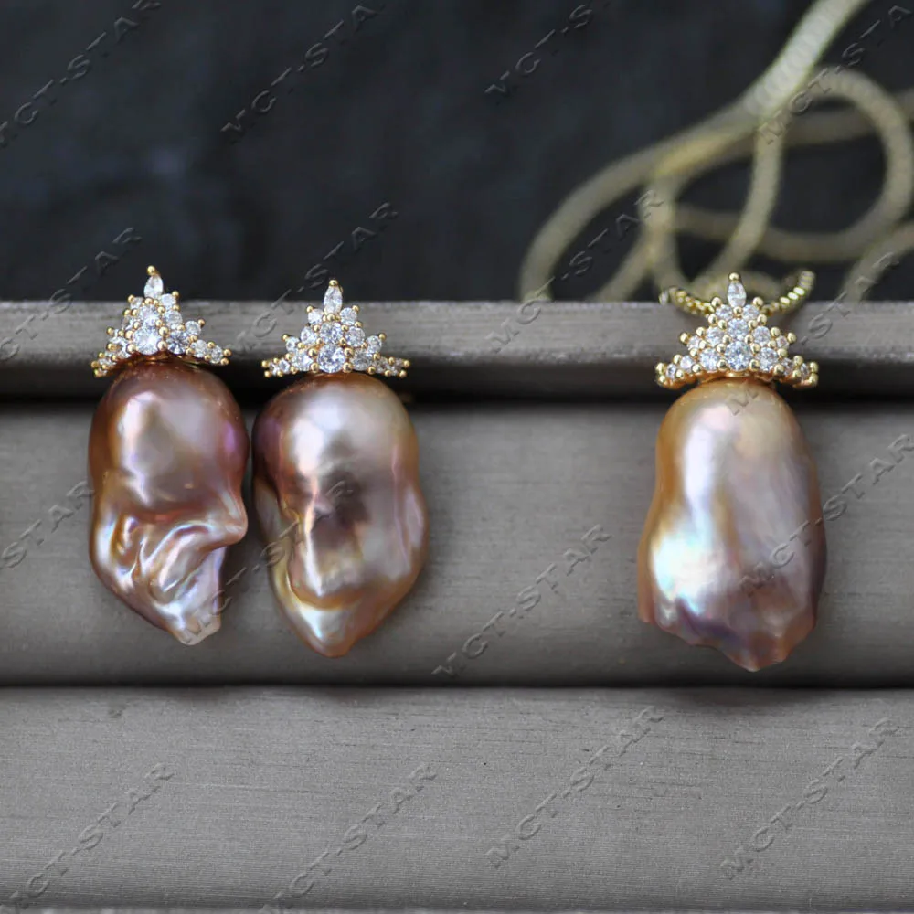 

Z14617 Set 24mm Golden Crown All CZ Lavender Baroque Reborn Keshi Pearl Earring Pendant Charms