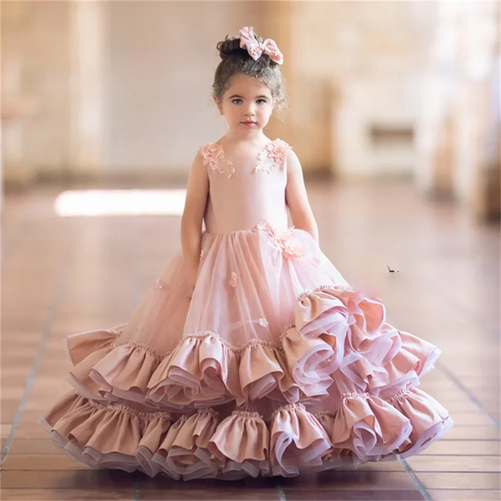

Pink Cute Princess Flower O Neck Sleeveless Formal Classic Flower Girl Dress Long Floor Length First Communion Gown Customized