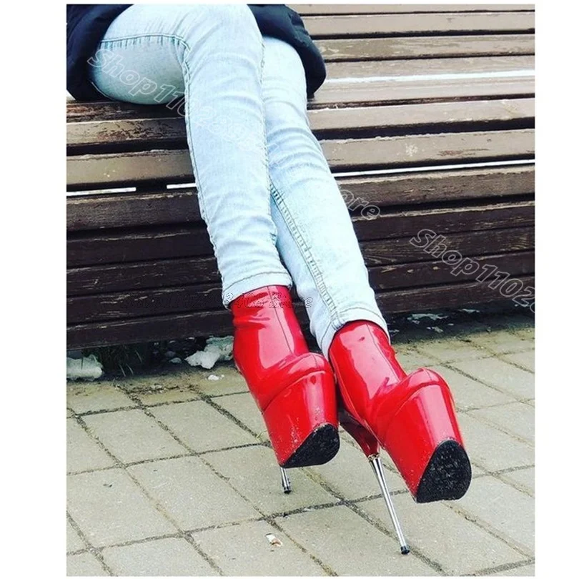 

Red Platform Patent Leather Boots Metal Heels Round Toe Side Zipper British Style Fashion Women Party Shoes Zapatos Para Mujere