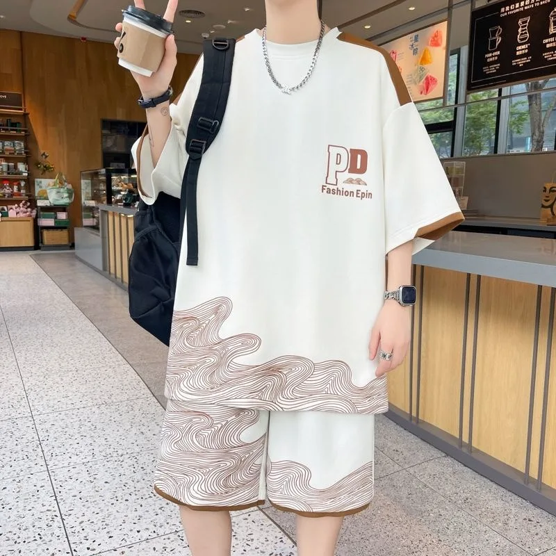 M-6XL Men\'s Short Suits Oversized T-Shirt Shorts 2-Piece Set Tracksuit Harajuku High Street Clothing Creative Pattern Men\'s Suit