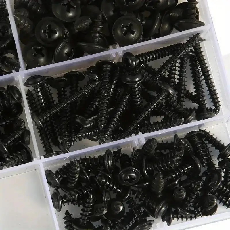 340pcs Black Self-tapping Screw Pan Head PWA Cross Round Head With Washer Cushion M3 M3.5 M4