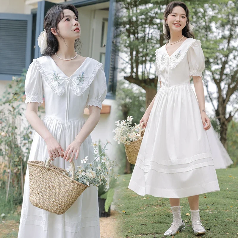 

French Sweet Cute Summer White Dresses for Women Lapel Collar Flower Embroidery Elegant Vestido Mujer French Retro Chiffon Dress