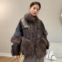 Coat Women Real Fur Autumn Winter Vintage Thicken Fox Fur Stand Collar Down Cotton Liner Splicing Sheepskin Jacket Fur Outerwear