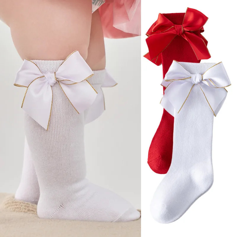 

1 пара однотонных носков для девочек с бантиками, длинные носки из 100% хлопка для малышей, гольфы принцессы, От 0 до 2 лет