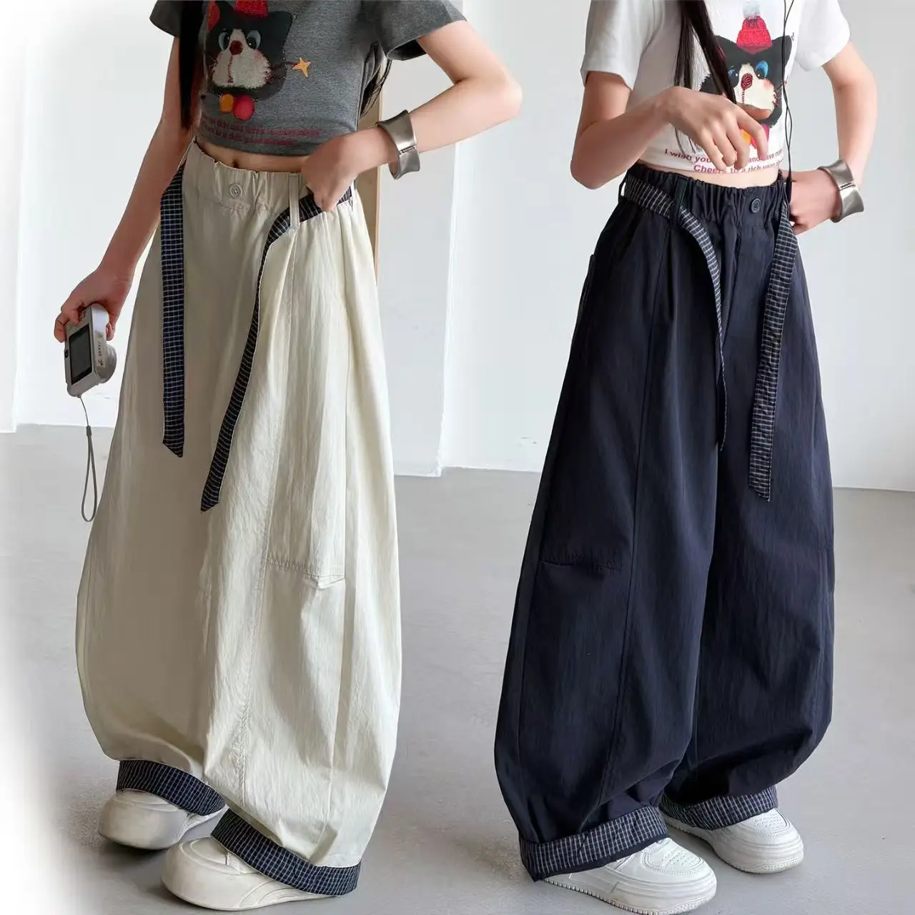 

Girls' Wide Leg Pants 2026 New Korean Style Plaid Ribbon Casual Pants For Children's Summer Thin And Versatile Pants
