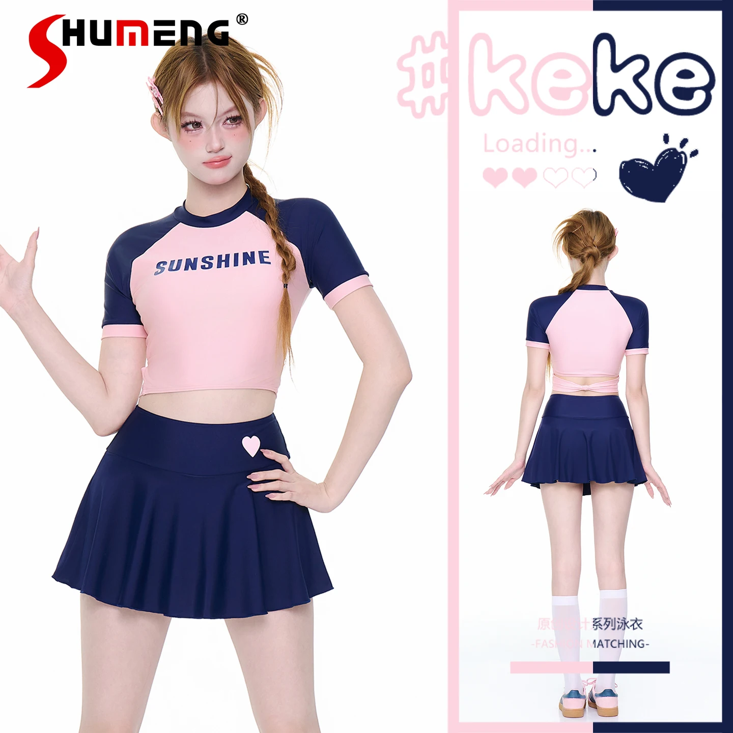 

Japanese Sports Style Sweet Girl Summer Swimming Swimsuit Short Sleeve Slim Top High Waist Skirt Two Piece Suits Swimwear Women