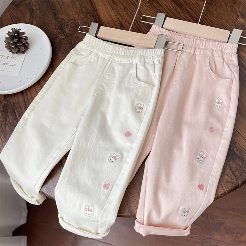 Girls Fashion Rabbit Embroidery Casual Pants Pure Cotton Texture Simple Style Solid Pants Children's Spring Sweet Cute Trouse