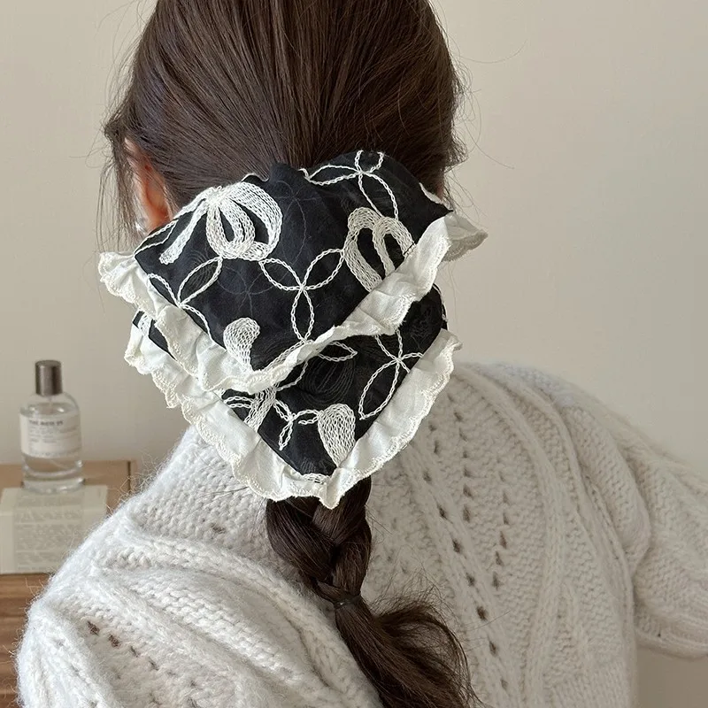 Embroidered Bow Lace Square Scarf Scrunchie Hair Tie for Women Retro Artistic Vintage Premium Daily Soft Beige