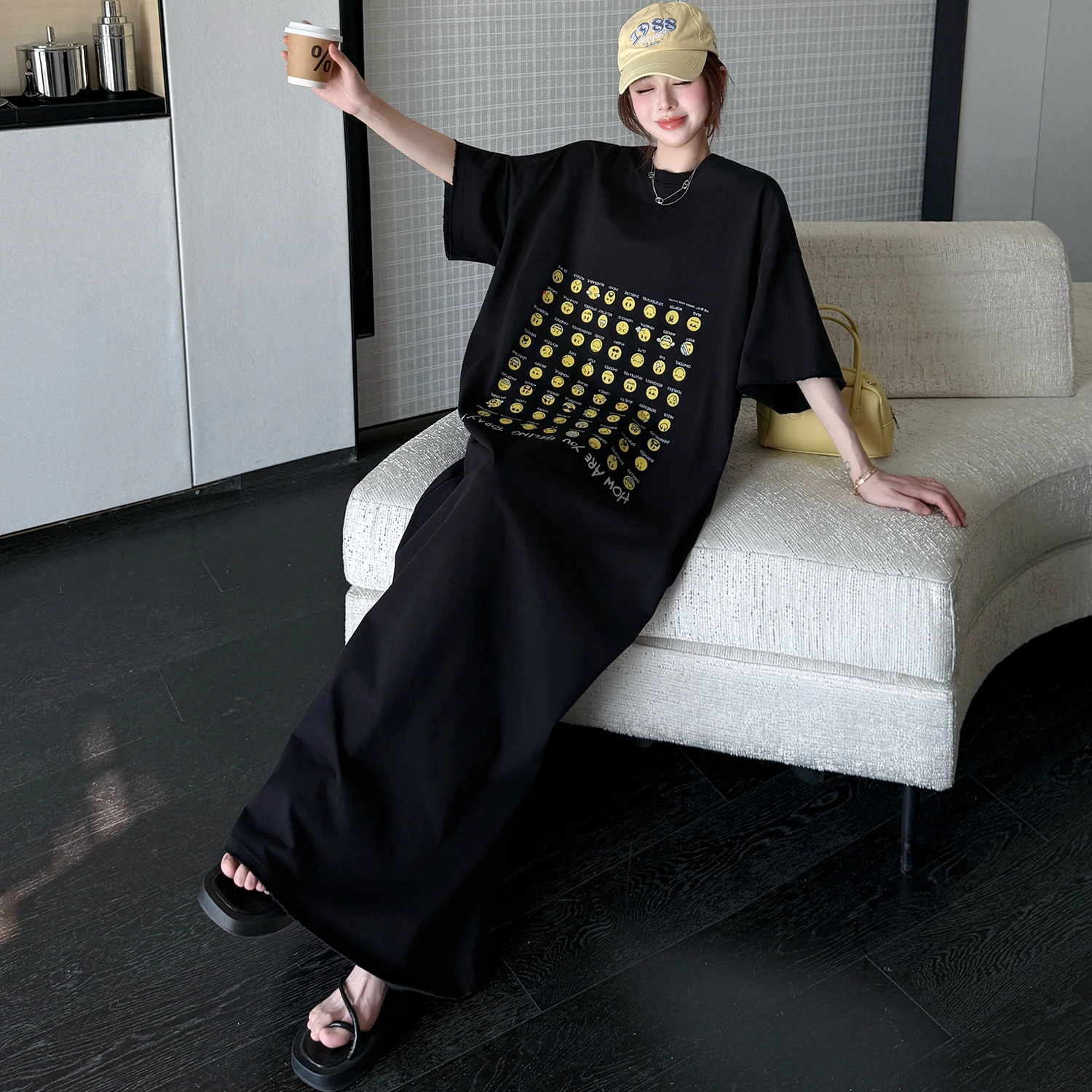 Fashionable Printed Loose Short Sleeve T-Shirt Long Dress Women's plus Size Casual Lazy Style round Neck Long Dress Skirt