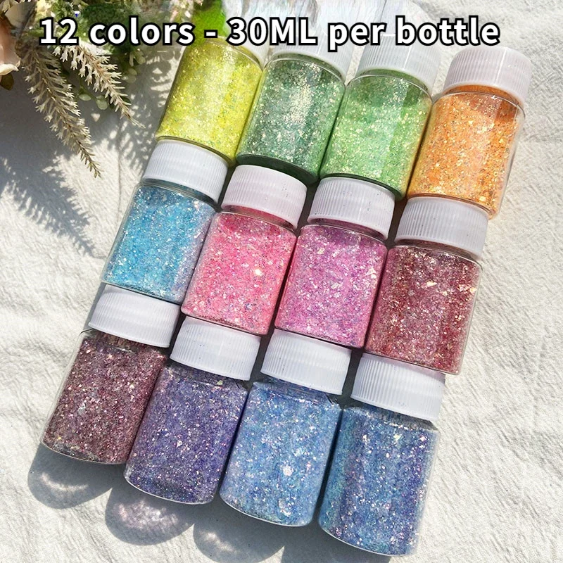 12 Bottles 30ML Quicksand Nail Glitter Material High Bright Illusion Candy Mix Glitter Drip Glitter Sealed Package