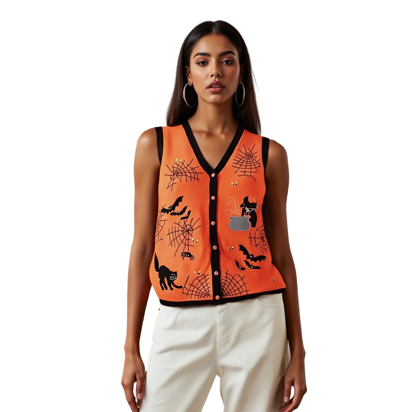 

Women’s Halloween Cardigan Vest Vintage Sleeveless V Neck Button Up Witch Cat Embroidery Tops