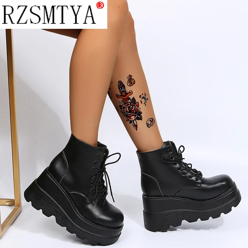 Fashion Trendy Platform High Heels Ankle Boots Women Autumn Winter Add Plush Wedges Shoes High 8cm Stylish Plus Size 36-43