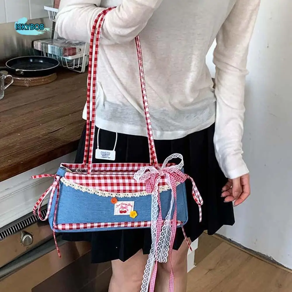 

All-match Sweet French Stick Handbag Bow Denim Blue Plaid Shoulder Bag Contrast Color Large Capacity Cloth Underarm Bags Daily
