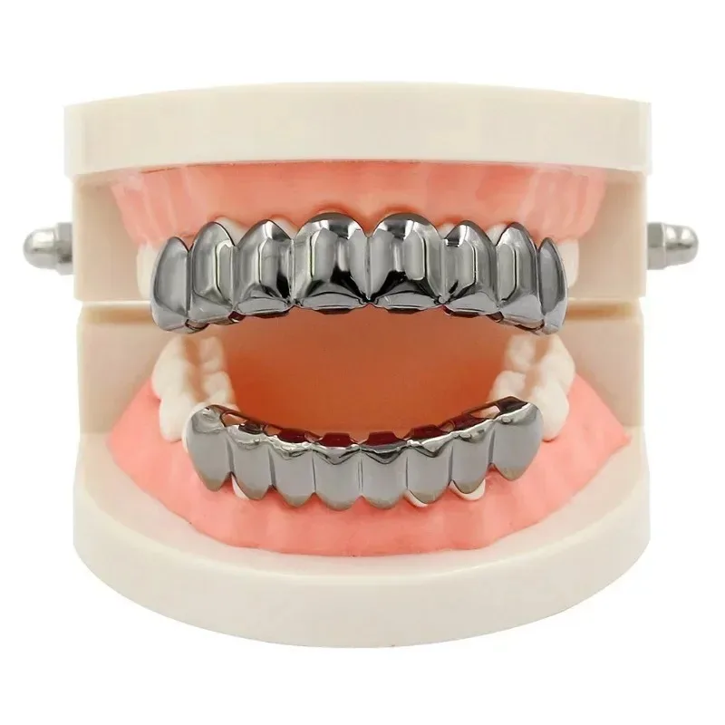 Gold Silver Plated HIP HOP Teeth Grillz Top & Bottom Grills Set With silicone Real Shiny Vampire Tooth Sets teeth grillz