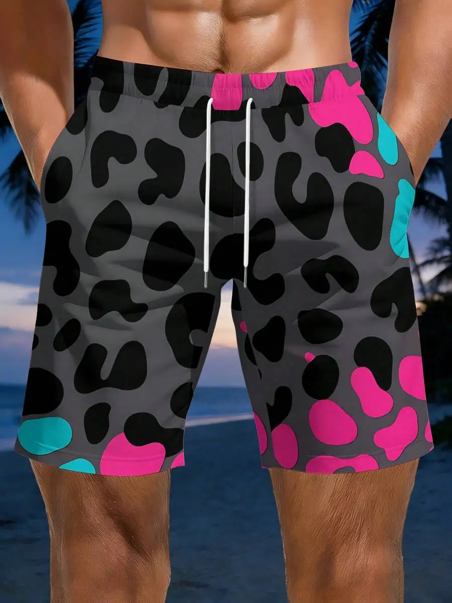 

Bold Leopard Print Mens Beach Shorts Colorful Animal Pattern Summer Swim Trunks