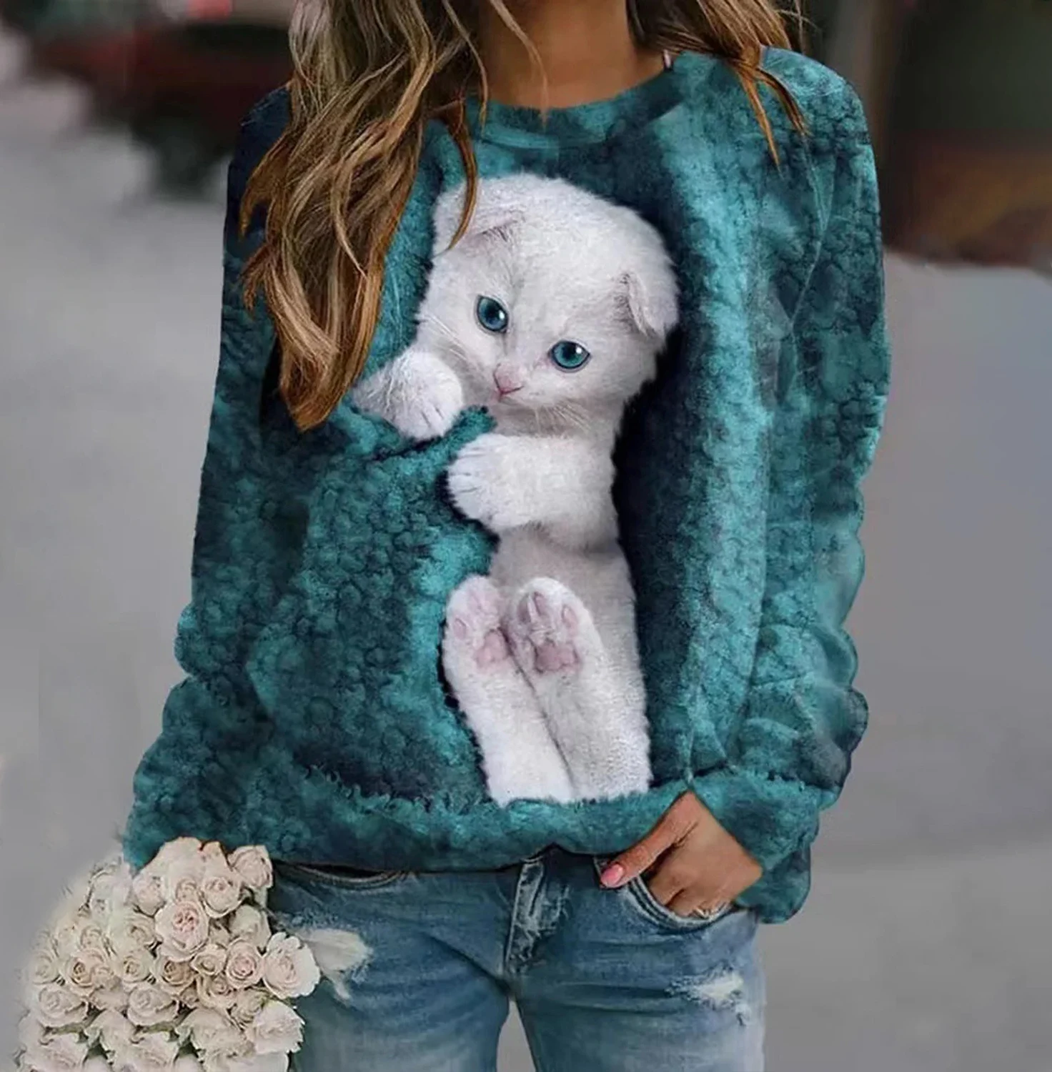 Women's Sweatshirt Pullover Cat Street Casual White Sports Basic Round Neck Long Sleeve Micro-elastic Fall & Winter Pull On Tops