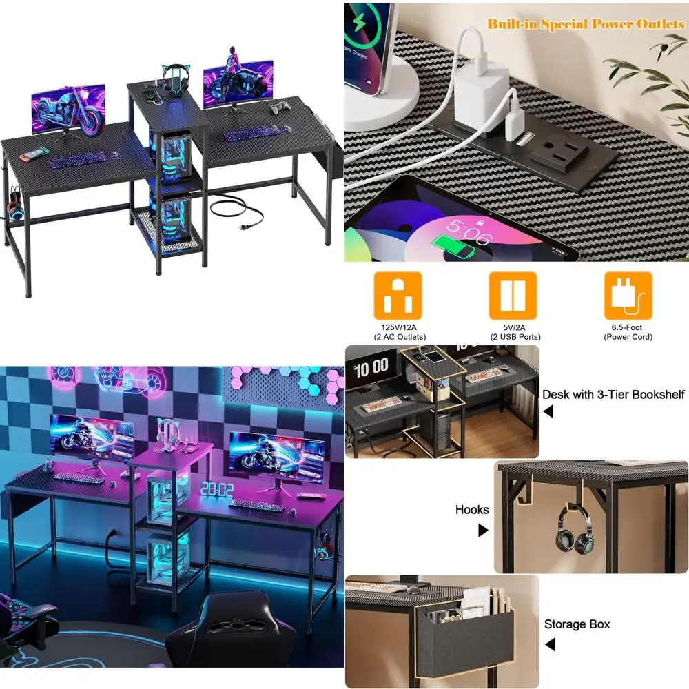 71 Inch Gaming and Study Desk with Storage, Power Outlets, and Headphone Hooks for Enhanced Comfort and Functionality