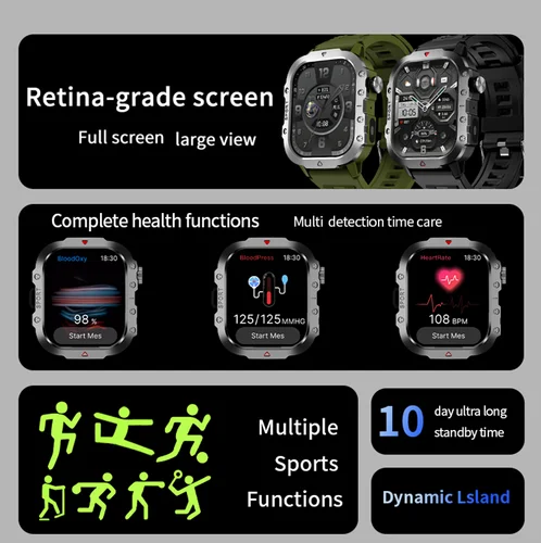Imagen 2 del producto G.L Wear nuevo reloj inteligente militar para hombres deportes al aire libre rastreador de ejercicios Monitor de salud 2,19 pulgadas Bluetooth Talk reloj inteligente