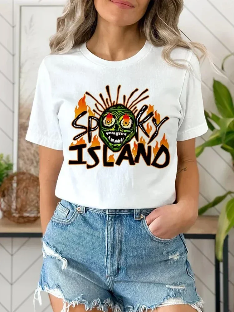 Halloween New Spooky Island Printed Clothing Summer Cartoon Pattern O-Neck Street Versatile Trendy Plus Size Printed T-Shirt.