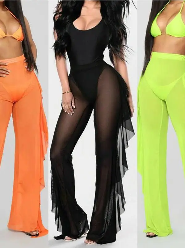 Vaion Me السراويل تكدرت اللون لون نقي عطلة صافي الشاش السراويل عالية الخصر متوهج الساقين مستقيم قطع لباس غير رسمي