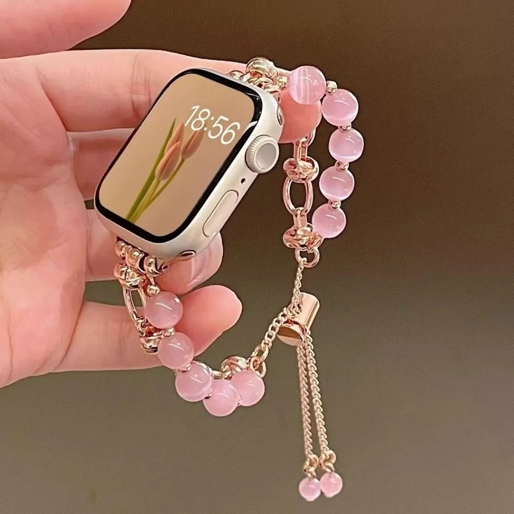 38/40/41/42/44/45mm Beads Metal Link Strap Crystal Adjustable Beads Bracelet Loop Strap Wristband Universal Beads Watch Chain
