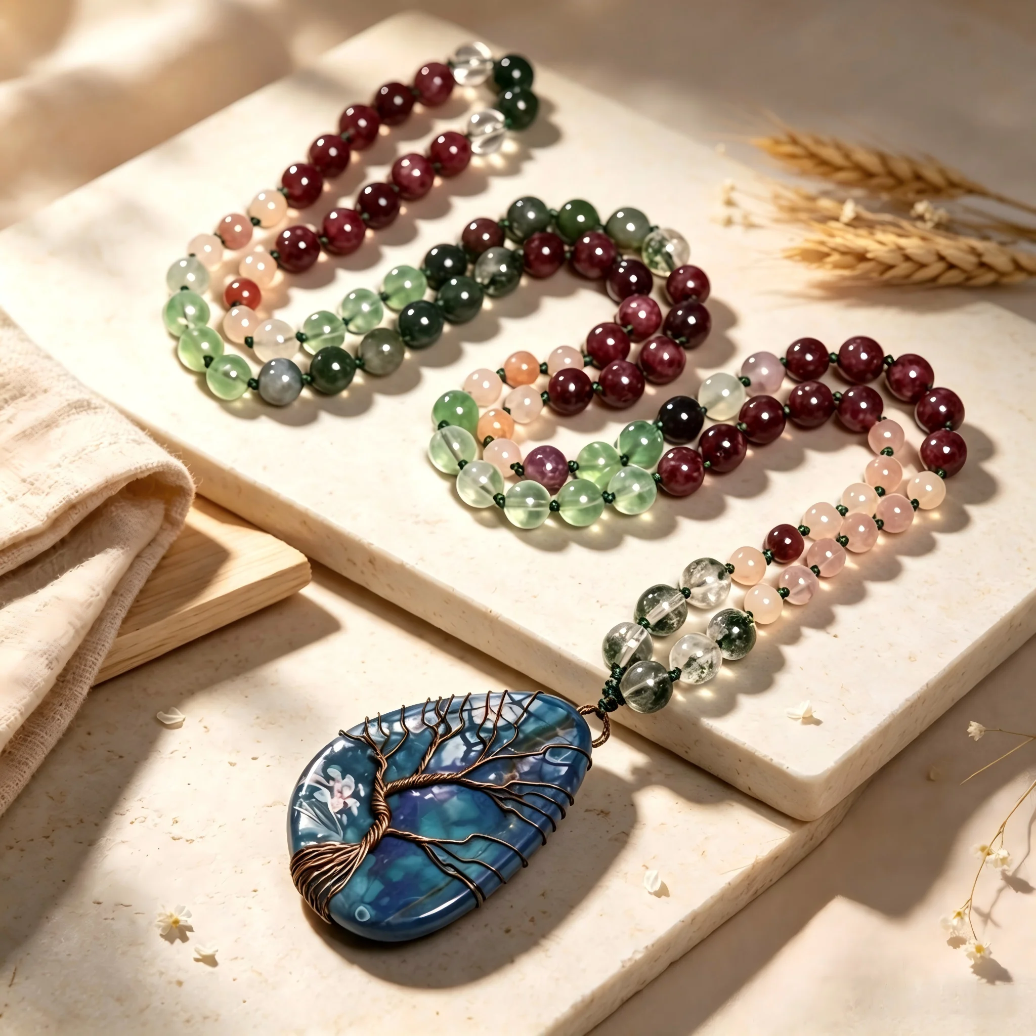 Fashion Violet Fluorite Beaded Mala Necklace Tree of Life Wrapped Teardrop Pendant Natural Stone Prayer Beads Sweater Chain