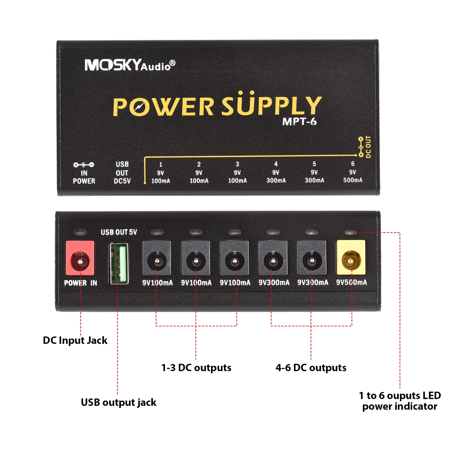 MOSKYAUDIO 6-Channel Guitar Pedal Power Supply with Independent Short Circuit Protection LED Power Indicator Pedal Board
