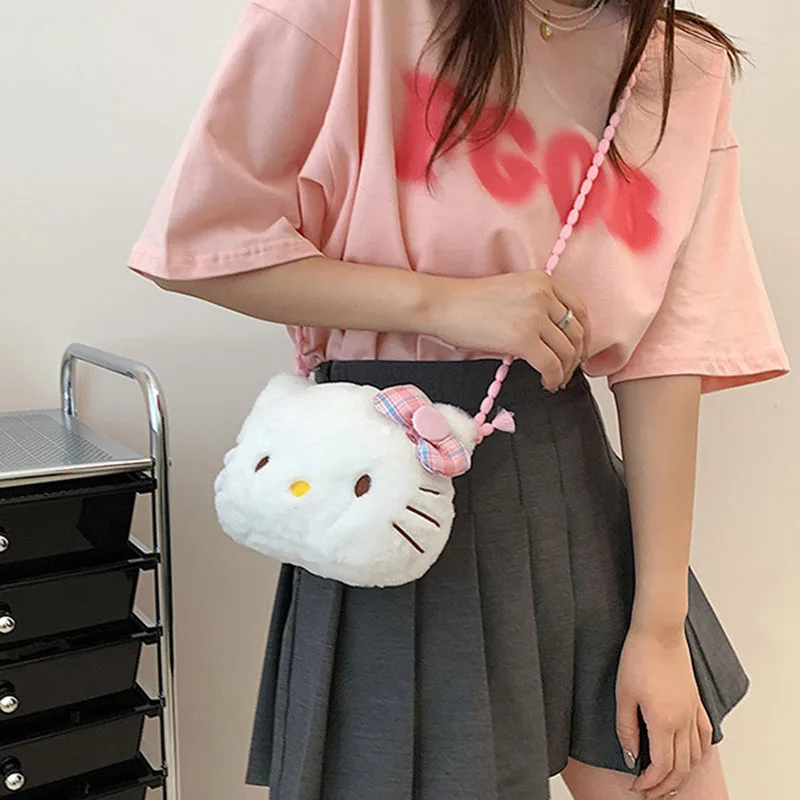 New Kawaii Plush Mini Bags Sanrio Hello Kitty Women\'s Singles Shoulder Bag Bow Plush Girls Handbag White Cat Doll Messenger Bags