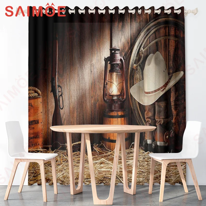 European American Retro Movie music Guitar Curtains Oil Lamp Cowboy Hat Skull Thin Polyester Fabric Office Decoration with Hooks