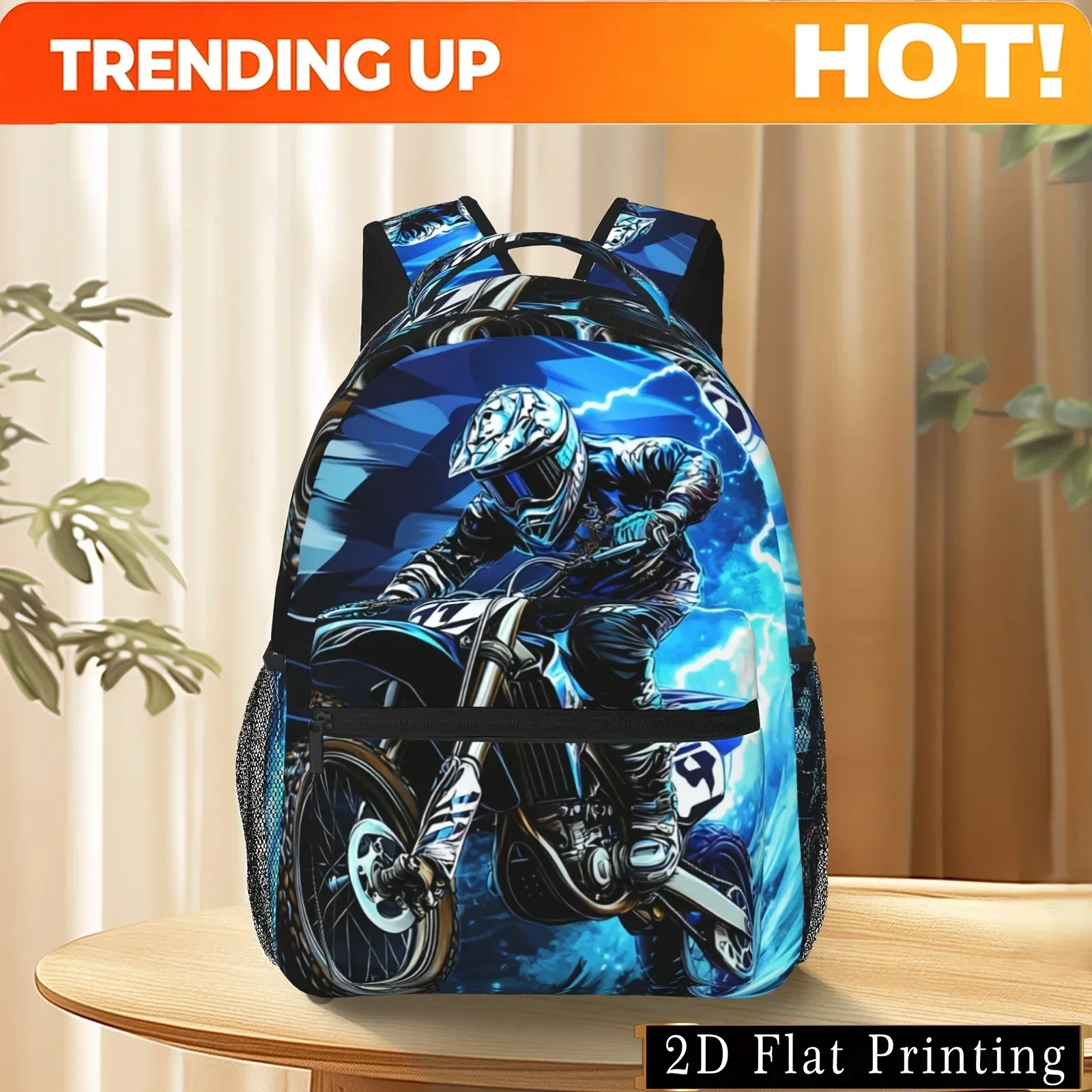 Custom Motorcycle Rider Backpack - Large Capacity, Adjustable Straps, Multiple Pockets, Durable Polyester, Stylish Blue & Black