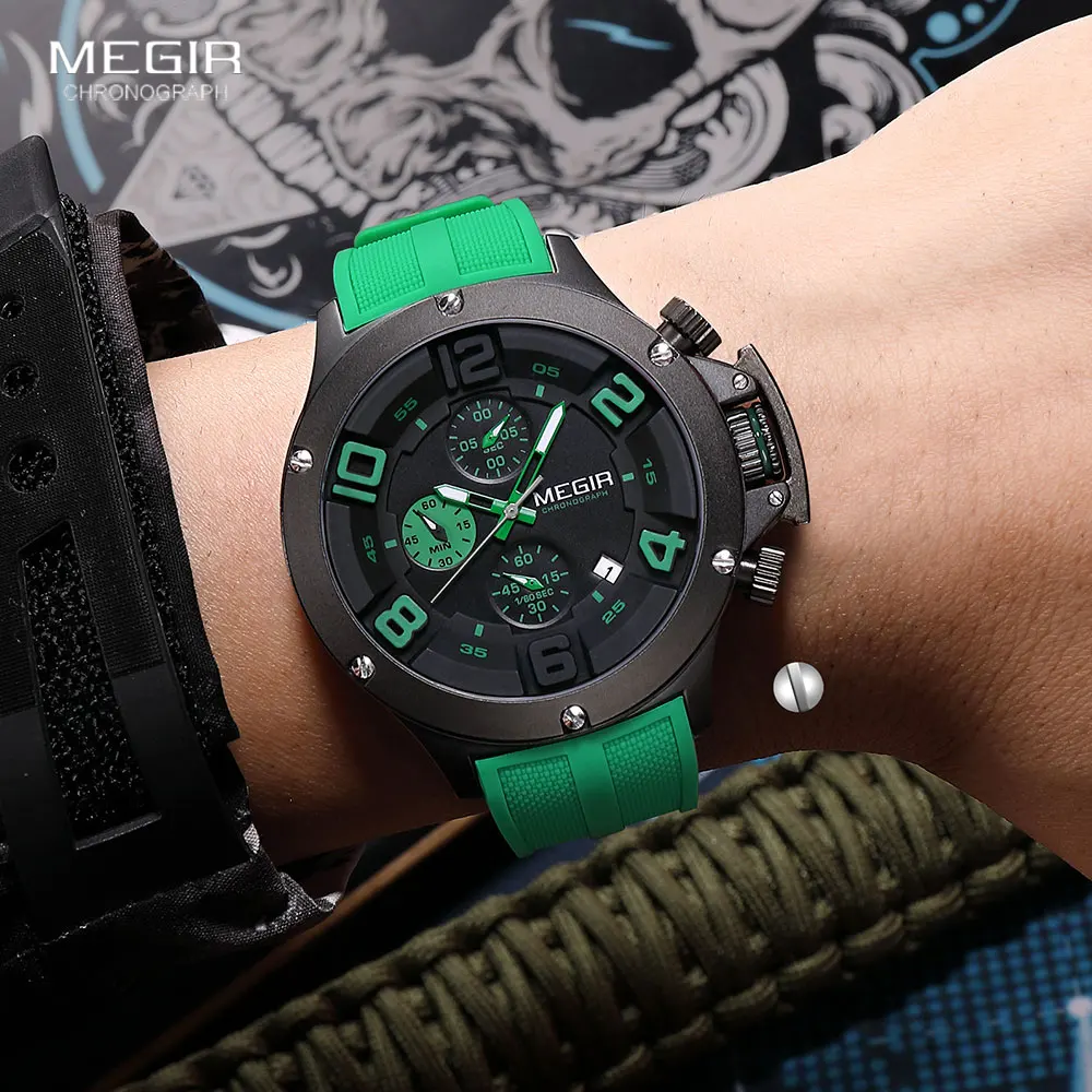 MEGIR Sport Big Quartz Watch Men Fashion Green Silicone Strap Waterproof Chronograph Wristwatch with Auto Date Luminous Hands