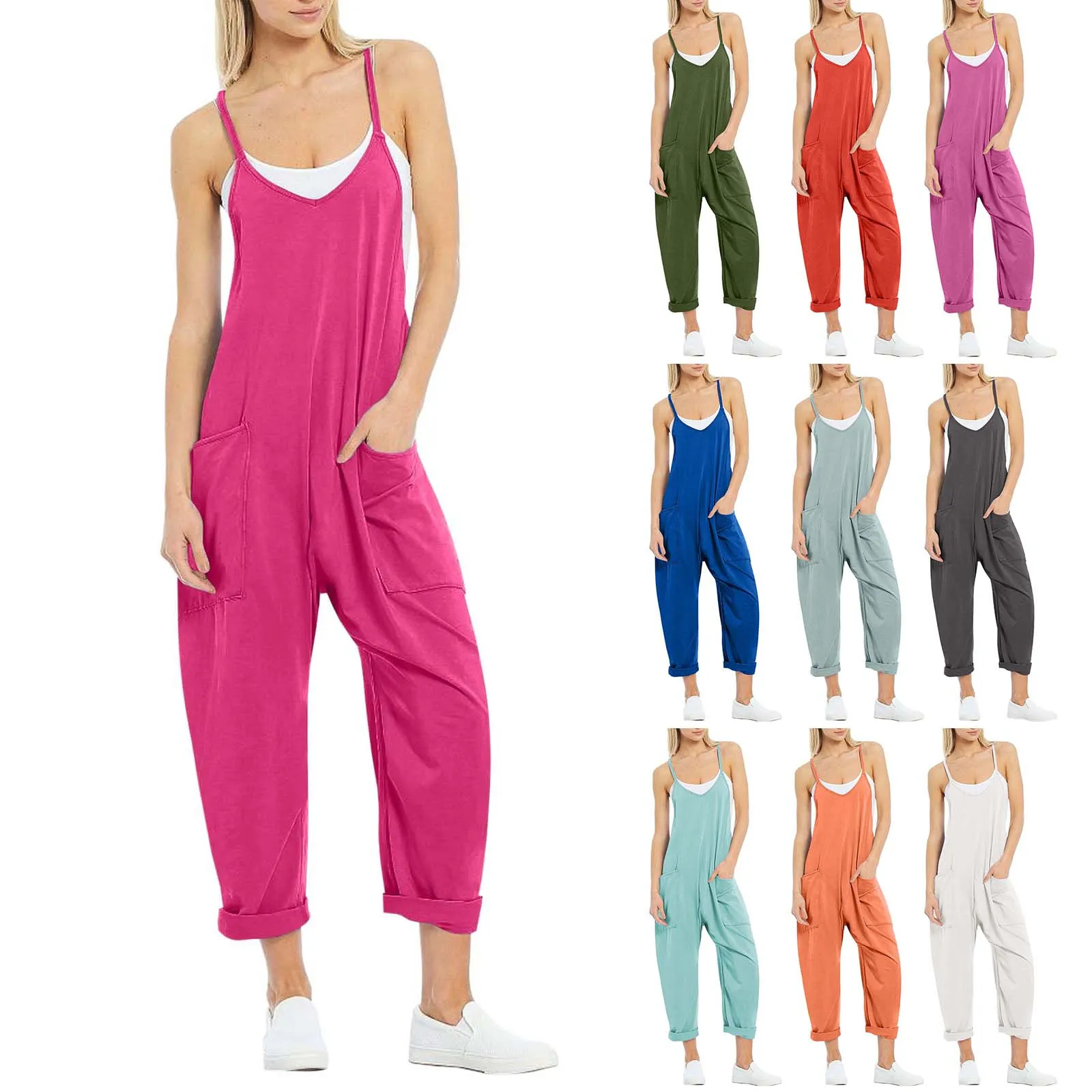 Summer Stretch Jumpsuit for Women Ladies Straight Overalls for Women Stylish Solid Cotton Jumpsuits Women Big Pocket Jumpsuit