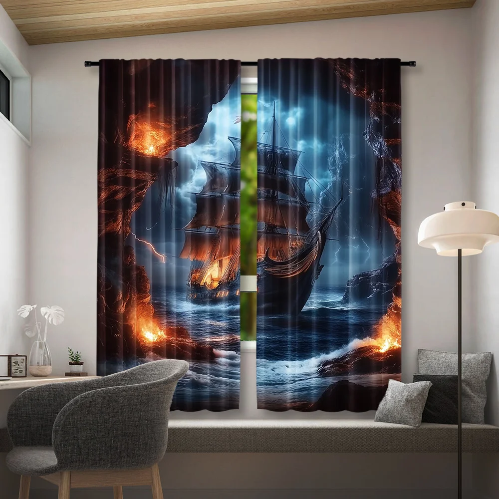 Pirate Ship Curtains, Fantasy Ocean Storm Print Blackout Drapes, Adventure Theme Decor for Boys Bedroom Living Room Window