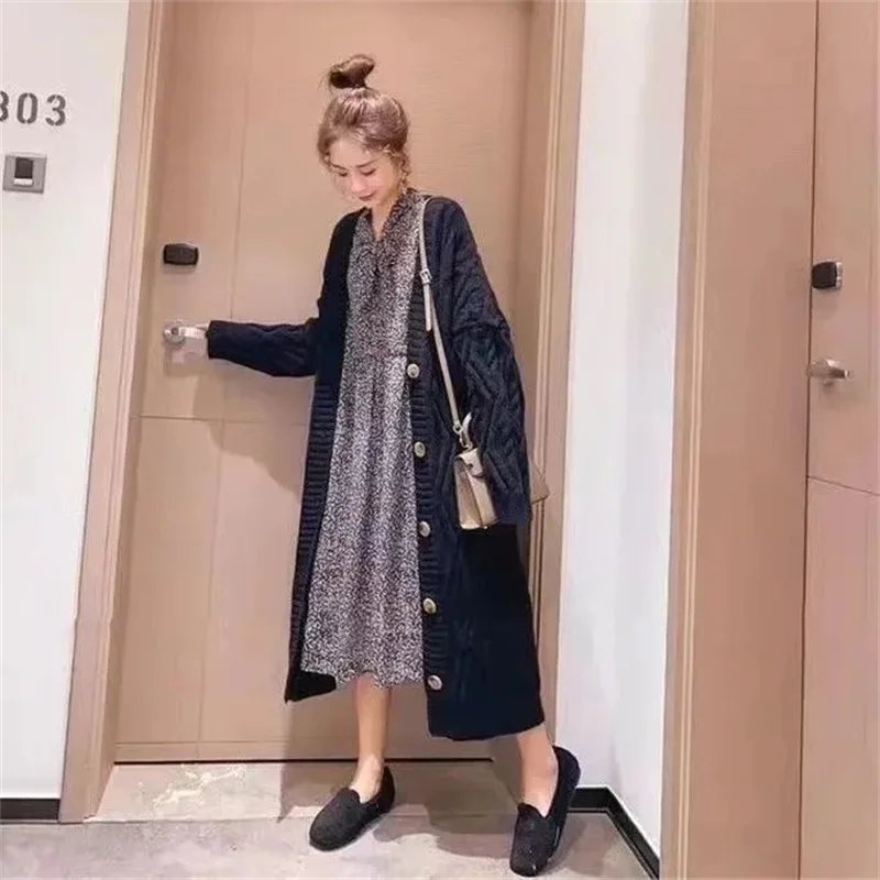 Korean  Medium Length Sweater Coat  Women  Spring  Autumn New Versatile Loose Outwear Western style popular knitted cardigan