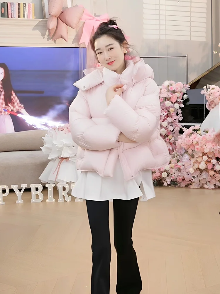 

OUDOEE Women's Thiened Hooded Pink down Jaet 2025 New Winter Bread Sle Korean Loose Fit Long Sve Warm Coat