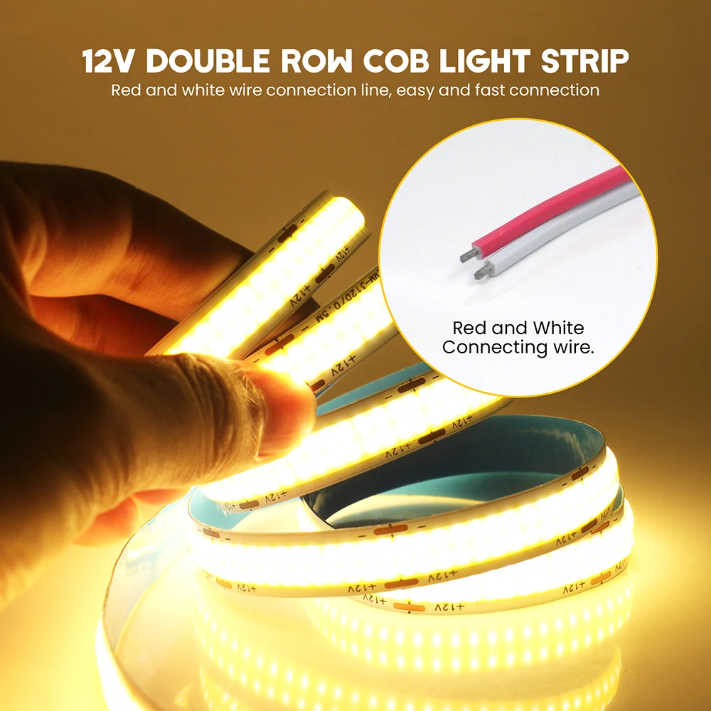 12V 24V Double Row COB LED Strip Light High Brightness Flexible Tape 2PIN Wire 600LED/M RA90 3000K 4000K 6000K Home Decoration