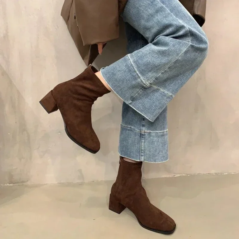 Suede Women Slim Ankle Boots Fashion Elegant Square Toe Shoes Autumn High Heel Women\'s Short Booties Platform Shoes Women Boots