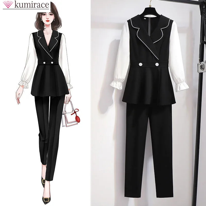 Korean Version Loose Bubble Sleeve Office Work Suit Elegant Women's Chiffon Shirt Black Trousers Two-piece Casual Wear