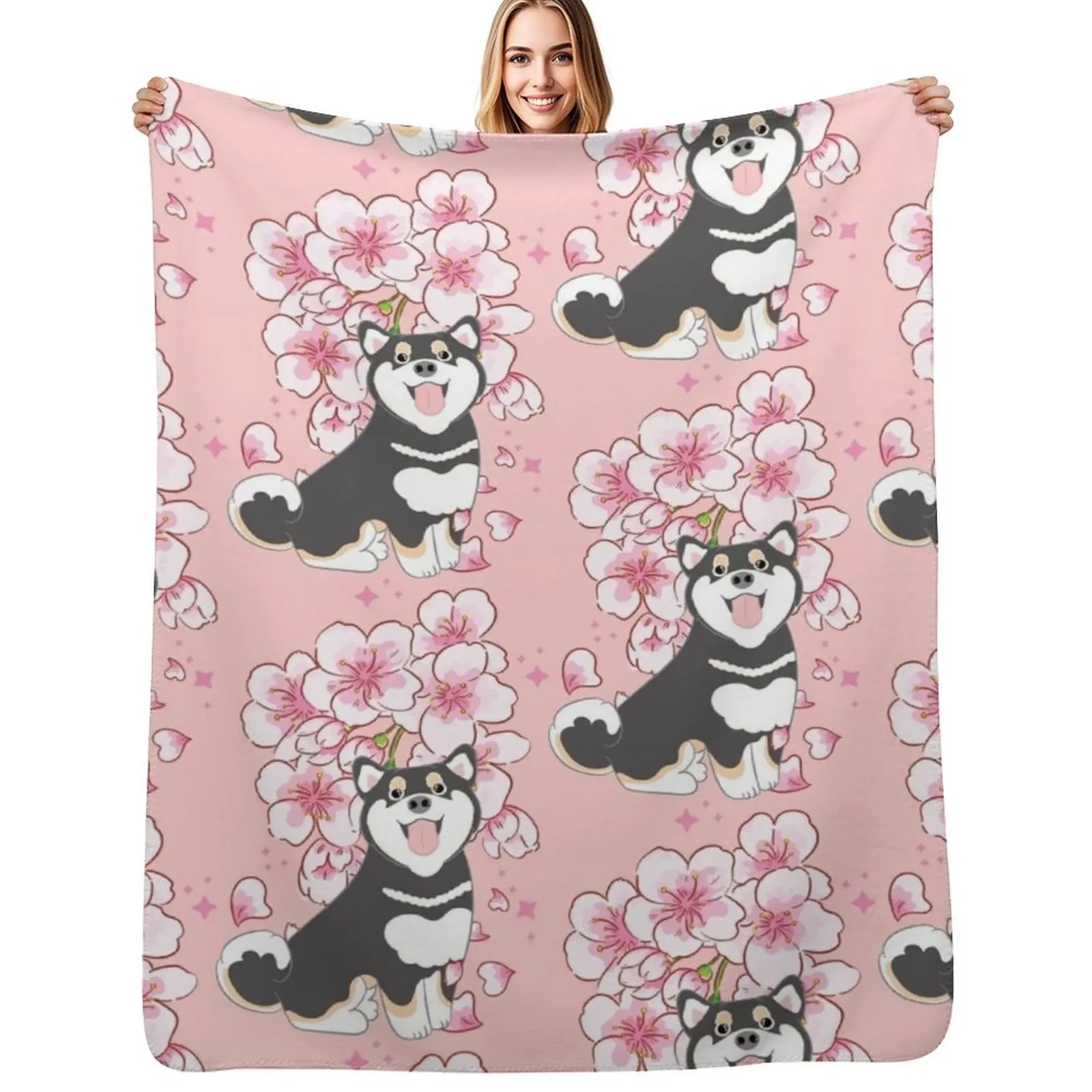 

Black Tan Shiba Inu Cherry blossom Throw Blanket Easy Care Comfortable Blanket for Couch