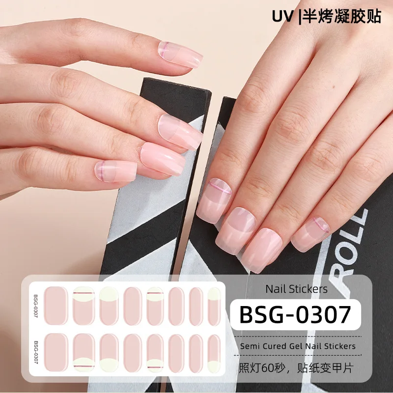 16 Strips Semi-Uitgeharde UV-Gel Nagelsticker Semi-Gebakken Gel Nagelvlekken 3d Bronzing Volledige Cover Emblemen UV-Lamp Nodig